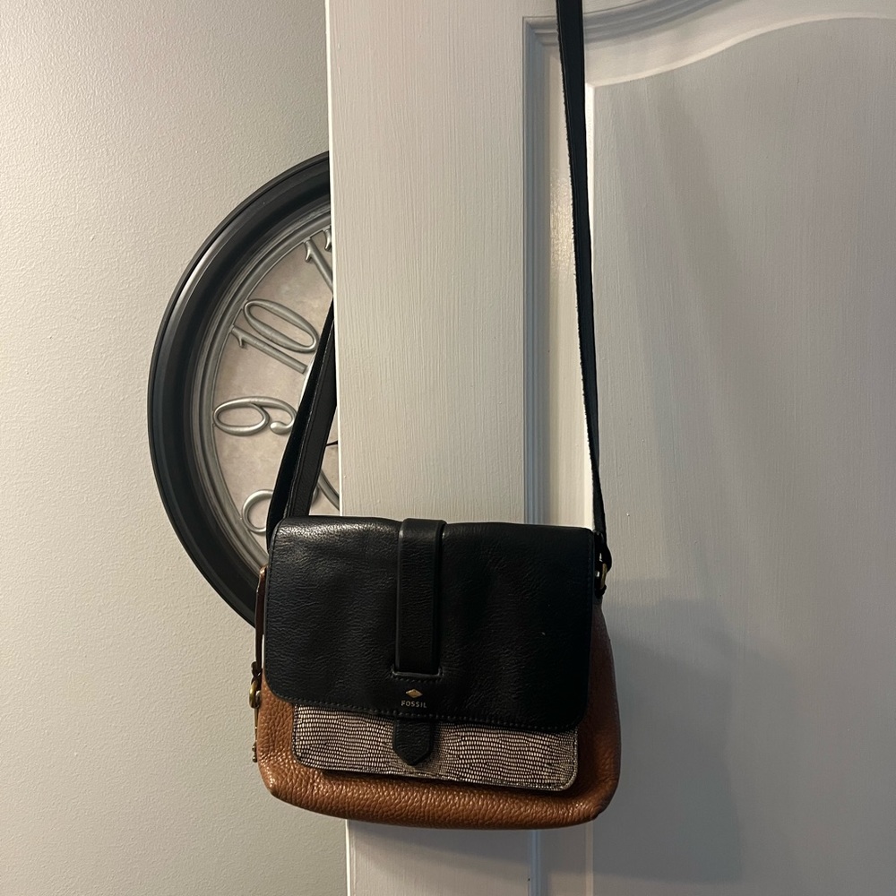 Fossil black and brown leather crossbody.